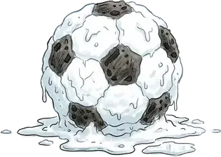 A black-and-white soccer ball caked in melting snow, sitting in a puddle of slush