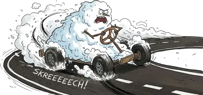 A lumpy white figure at the wheel of a little car skidding sideways around a bend, with SKREEEECH! written on the road