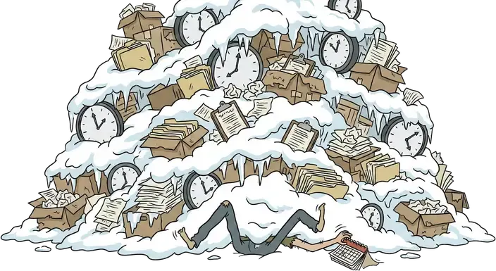 A mountain of files, folders and ticking clocks buried in snow, with a worker's arm and legs sticking out at the bottom