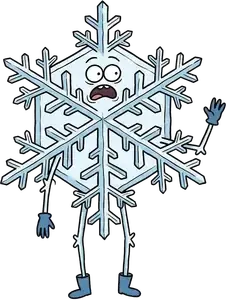 A worried six-pointed ice crystal with a face, blue gloves, boots and stick-thin arms and legs