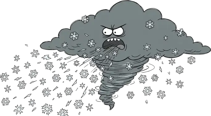 An angry grey storm cloud blowing snowflakes around with a whirlwind
