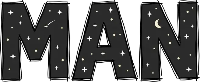 The letters MAN filled with starry outer space