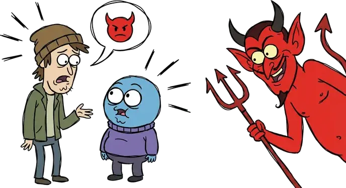 A speech bubble showing a devil’s face while the devil himself appears behind the speaker