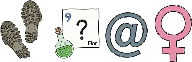 Two muddy footprints, a green potion flask beside a periodic-table card for element 9 marked with a question mark, an @ sign and the female symbol