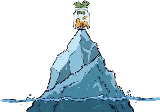 A glass jar stuffed with coins and banknotes perched on the peak of a jagged blue iceberg
