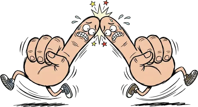 Two running hands whose index fingers touch as they pass