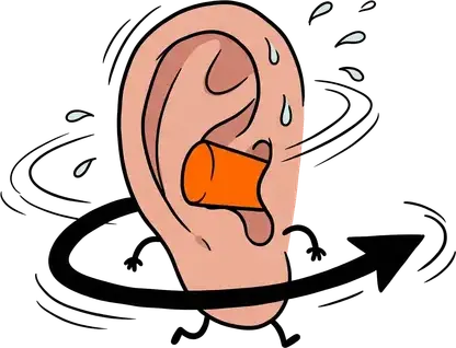 An ear with an earplug turning on a rotation arrow