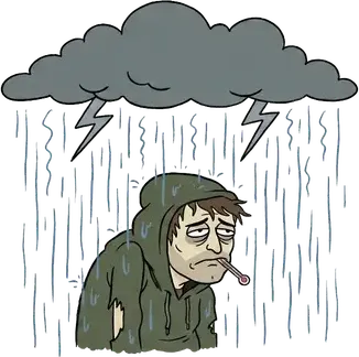 A sick man with a thermometer in his mouth right under a rainy storm cloud