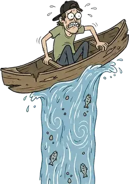 A panicked man in a canoe with no paddle stuck at the top of a waterfall