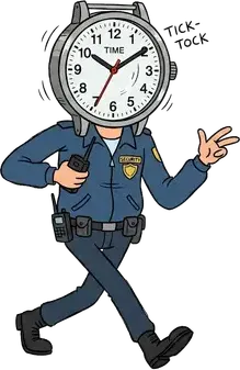 A security guard whose head is a wristwatch