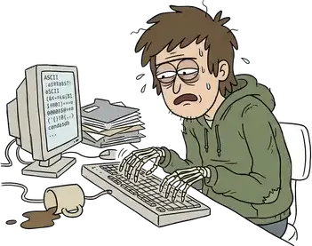 An exhausted man typing so much that his fingers have turned into bare bones