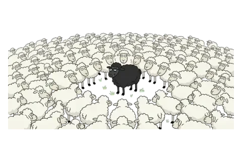 Rebus puzzle 22: an illustration hinting at "BLACK SHEEP"
