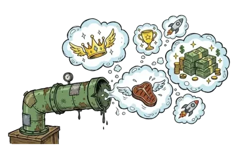 A rusty green pipe puffing out thought bubbles that hold a crown, a trophy, piles of cash, a steak and a rocket