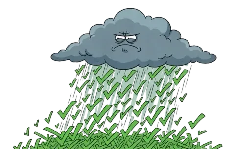 A grumpy storm cloud pouring a shower of green tick marks onto the grass