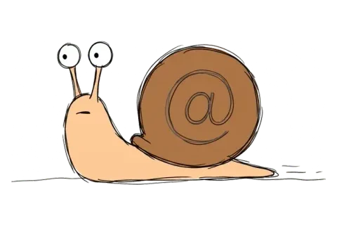 A smiling snail inching across the ground, its shell drawn as a big @ sign
