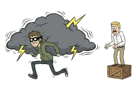 A masked burglar running off with a crackling storm cloud while a shocked man watches from on top of a crate