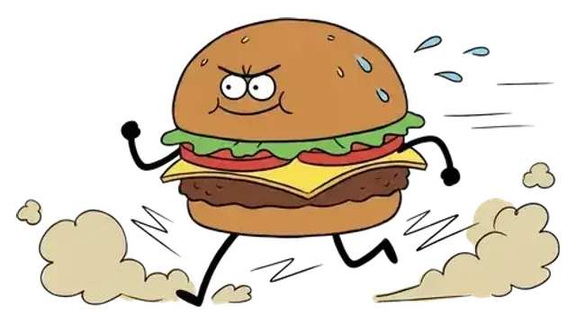 A cheeseburger with little legs sprinting so fast it kicks up dust