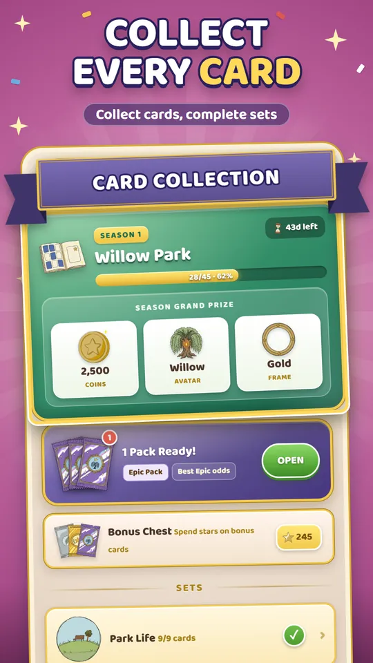 Collect every card: the Season 1 Willow Park card collection with a season prize and a card pack to open