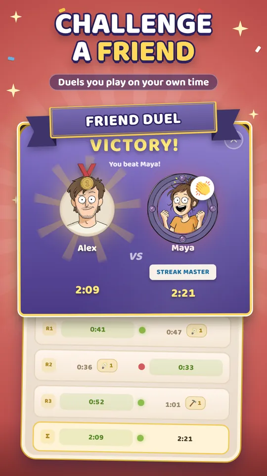 Challenge a friend: a Friend Duel victory screen comparing round-by-round solve times