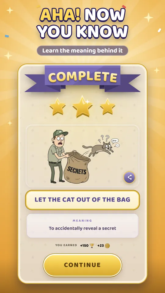 Aha! Now you know: a completed level with three stars, the answer LET THE CAT OUT OF THE BAG and its meaning