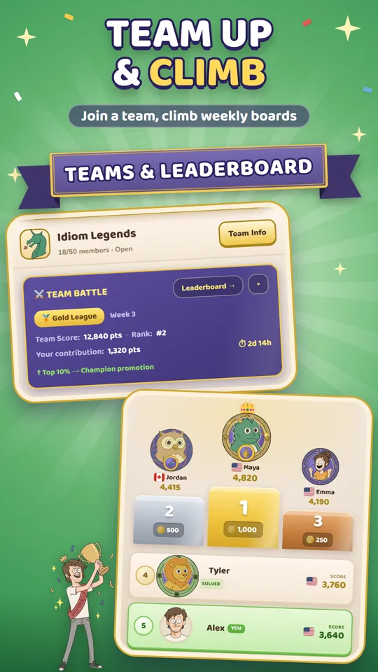 Team up and climb: a team card with its Team Battle score above a weekly leaderboard podium