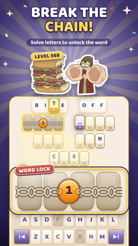 Break the chain! A giant sandwich picture puzzle where a chained word lock breaks after one more solved letter