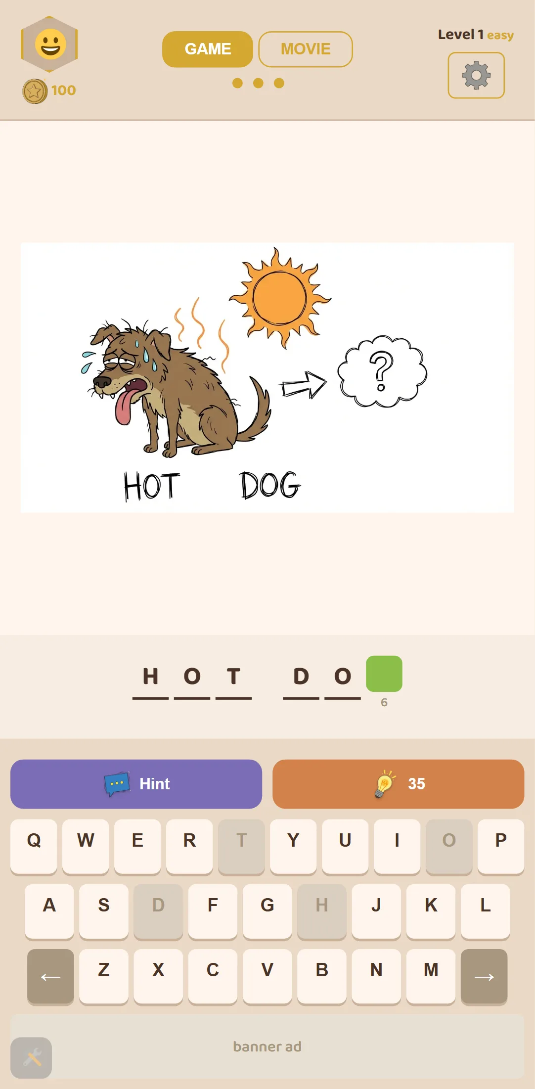 Puzzle screen showing illustrated idiom and cryptogram