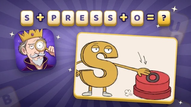 Rebus Master trailer: the rebus S + PRESS + O = ? above a drawing of a letter S pressing a big red button, next to the Riddle King app icon